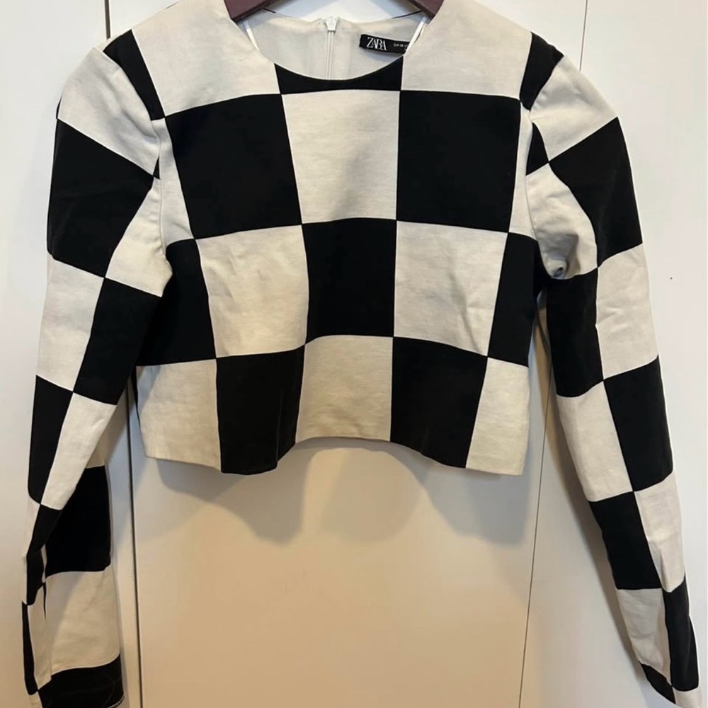 Zara Monochrome Checkered Long Sleeve Top